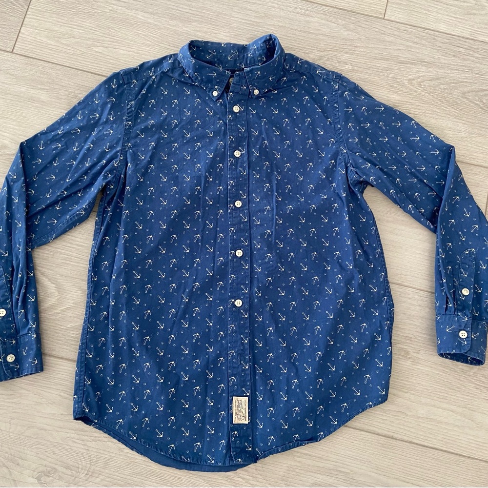 Ralph Lauren Boys Blue Anchor Nautical  Button Down Dress Shirt